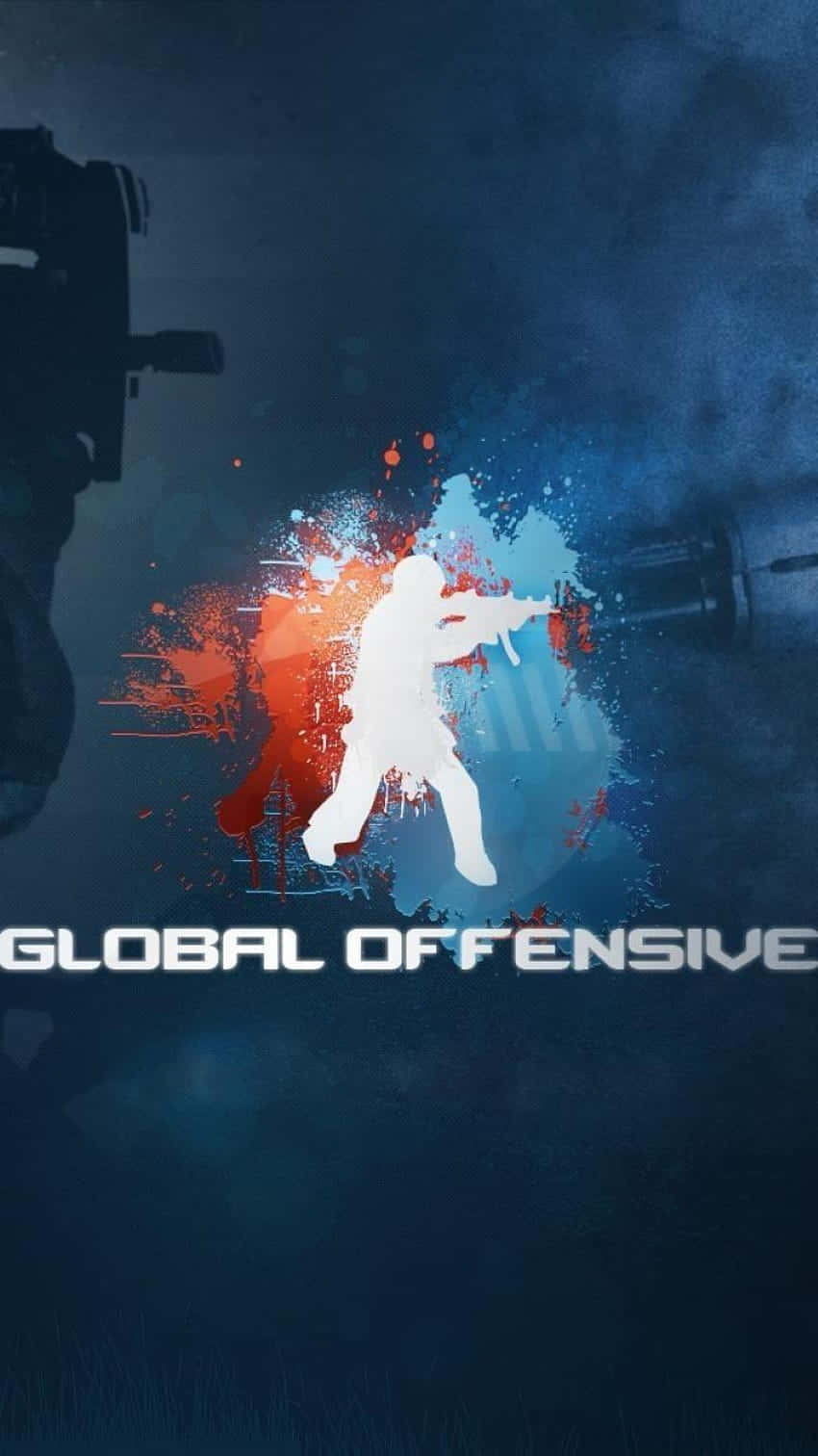Android Counter-strike Global Offensive 桌布 壁紙 — 一個白色士兵剪影在紅色和藍色油漆飛濺中射擊步槍，背景為深藍色煙霧背景，帶有遊戲標題文字。