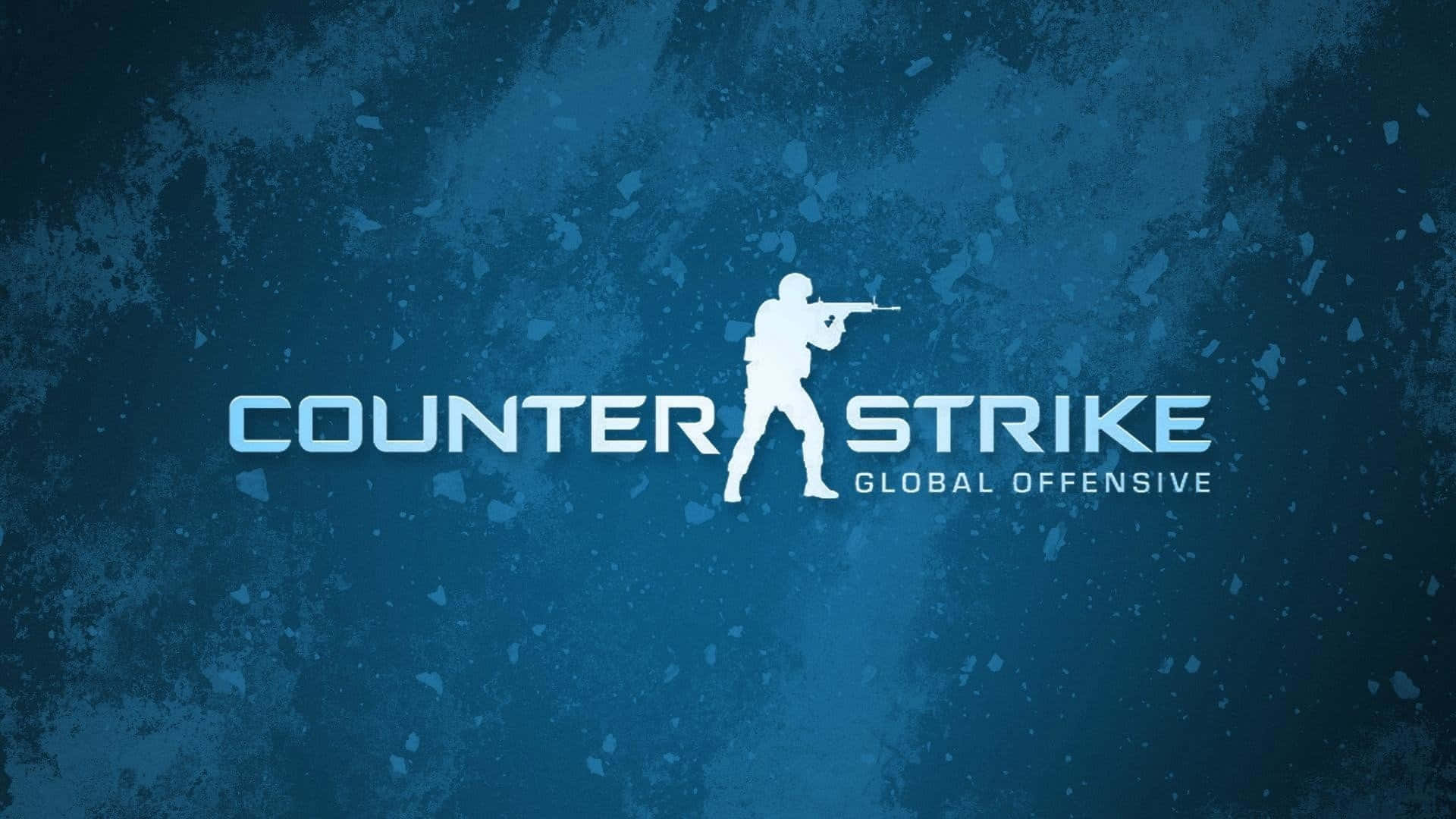 背景 桌布 壁紙 — 一個白色士兵瞄準步槍的剪影，站在「COUNTER STRIKE」字樣之間，背景為帶紋理的藍色。