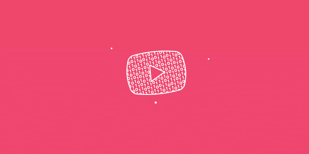 YouTube 桌布 壁紙 — 一個白色外框的 YouTube 播放按鈕，內填二進制代碼，居中於純粉色背景上。