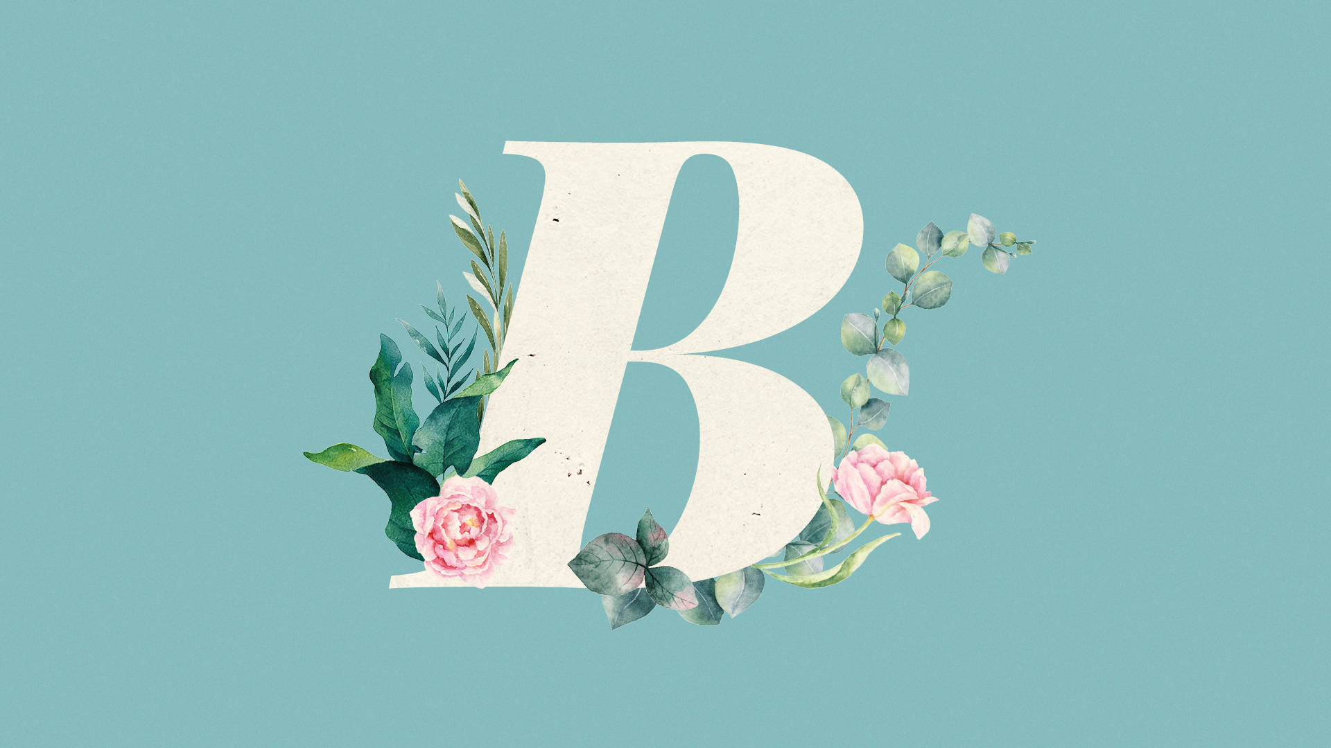 字母B 桌布 壁紙 — 一個白色大字母B，飾有粉紅玫瑰和綠色葉子，背景為柔和青綠色。