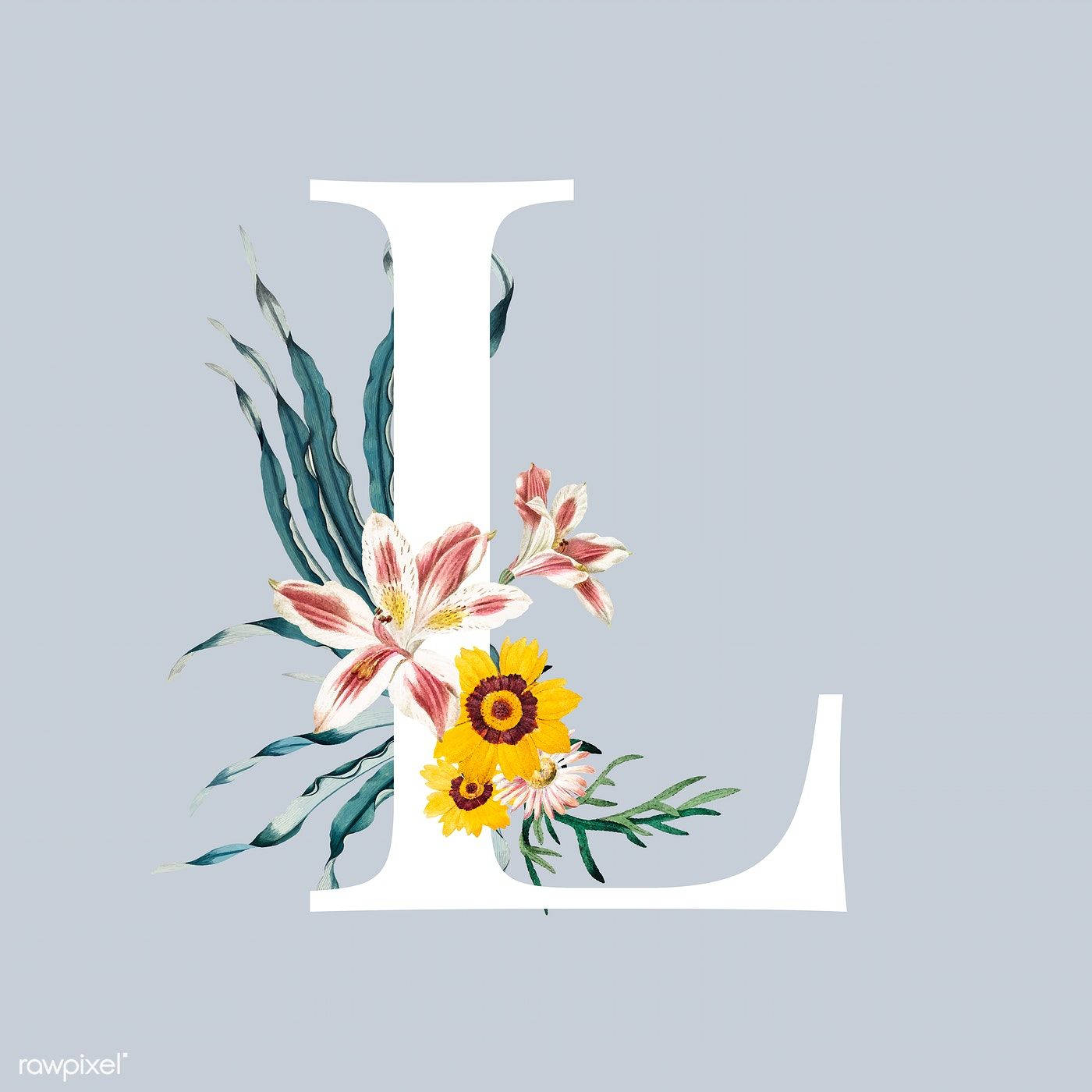 L 桌布 壁紙 — 一個白色大寫字母L，上面裝飾著粉紅色的百合花和黃色的雛菊，背景是柔和的灰色。