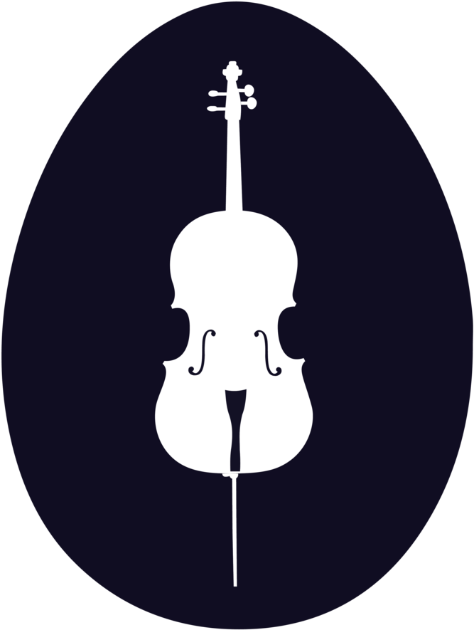 cello 桌布 壁紙 — 一個白色大提琴的鮮明剪影，置於深海軍藍橢圓形內，背景為黑色。