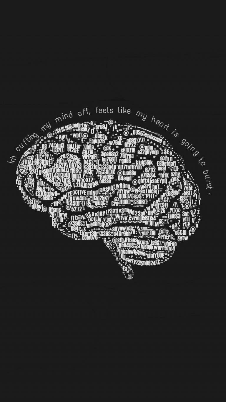 Panic 桌布 壁紙 — 一個白色大腦剪影，充滿混亂的數位符號和文字，背景為黑色。