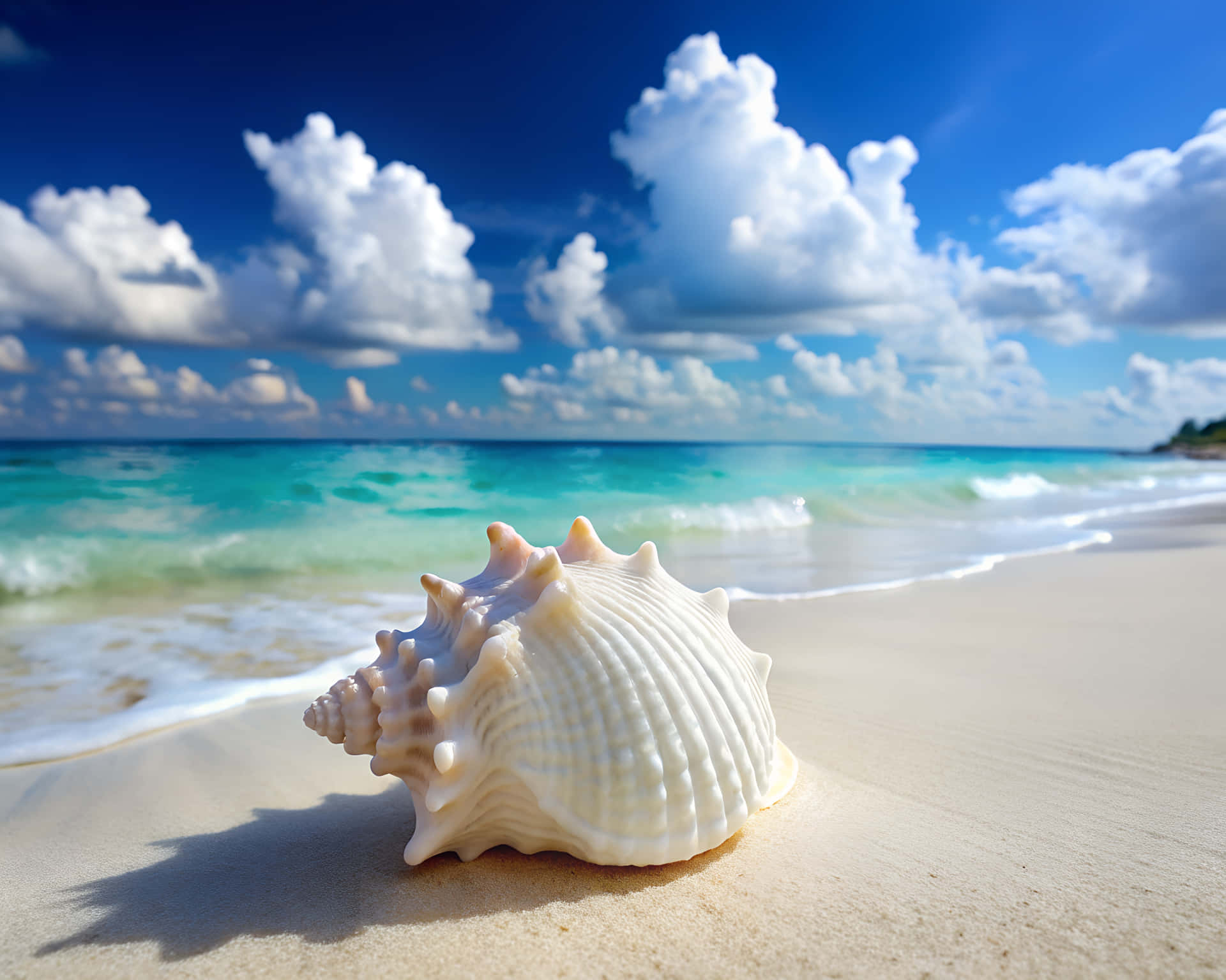 Seashell on Caribbean beach 壁紙 — 一個白色大貝殼躺在陽光照耀的沙灘上，伴隨著碧綠的海浪和點綴著蓬鬆雲朵的湛藍天空。