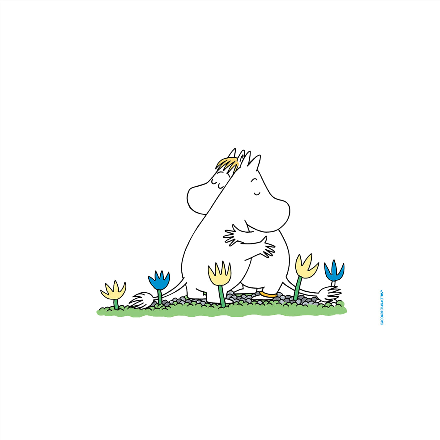 Cartoon Characters 桌布 壁紙 — 一個白色姆明角色，金髮，在綠色草地上色彩繽紛的鬱金香中快樂地站立。