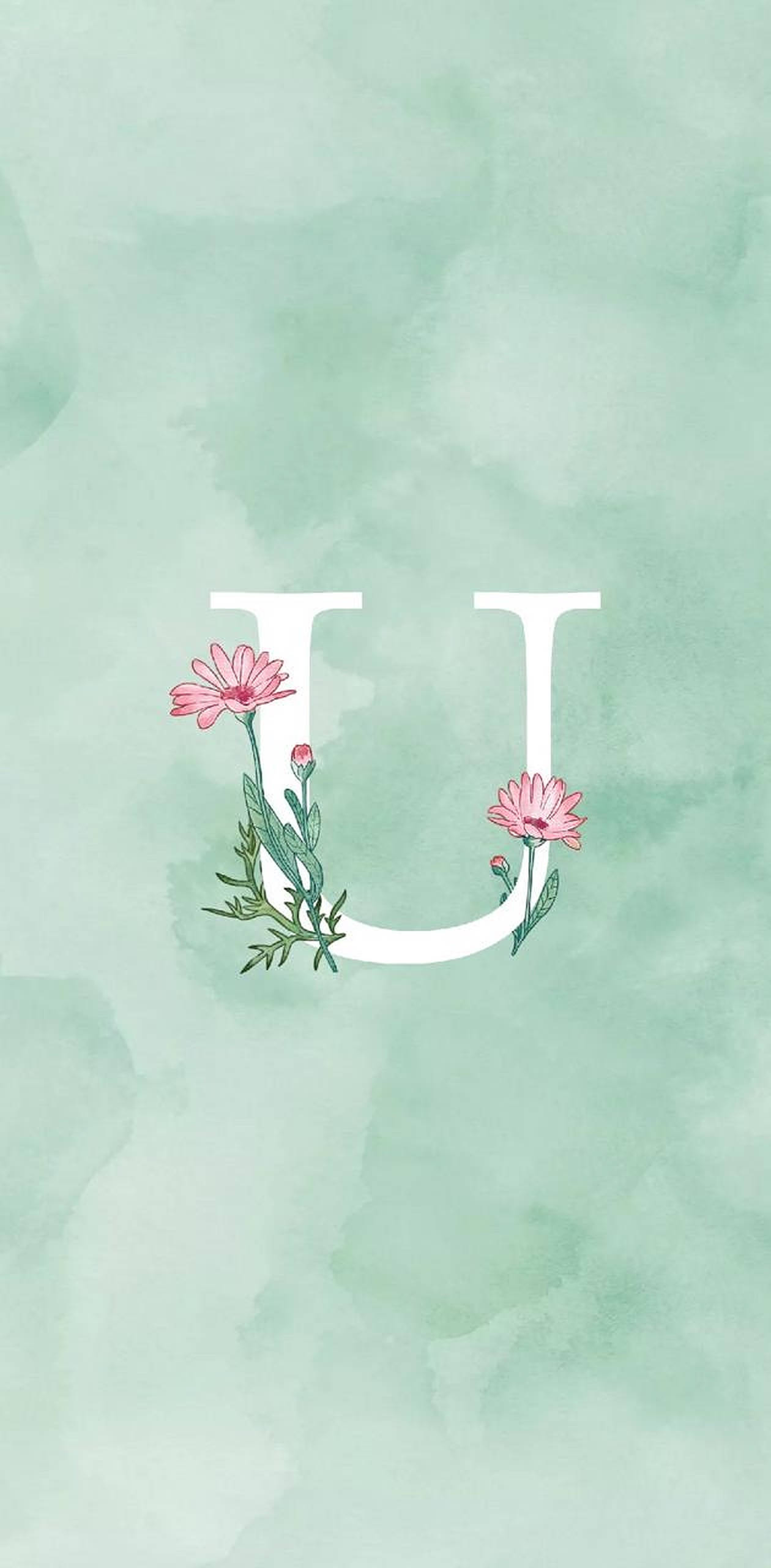 U 桌布 壁紙 — 一個白色字母U，點綴著粉紅花朵和綠色莖幹，置於柔和的薄荷水彩背景上。