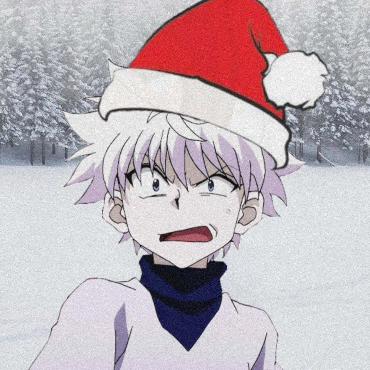 anime boys cute 桌布 壁紙 — 一個白色尖刺頭髮的動漫角色，在雪地森林背景下戴著紅色聖誕帽和藍色圍巾。