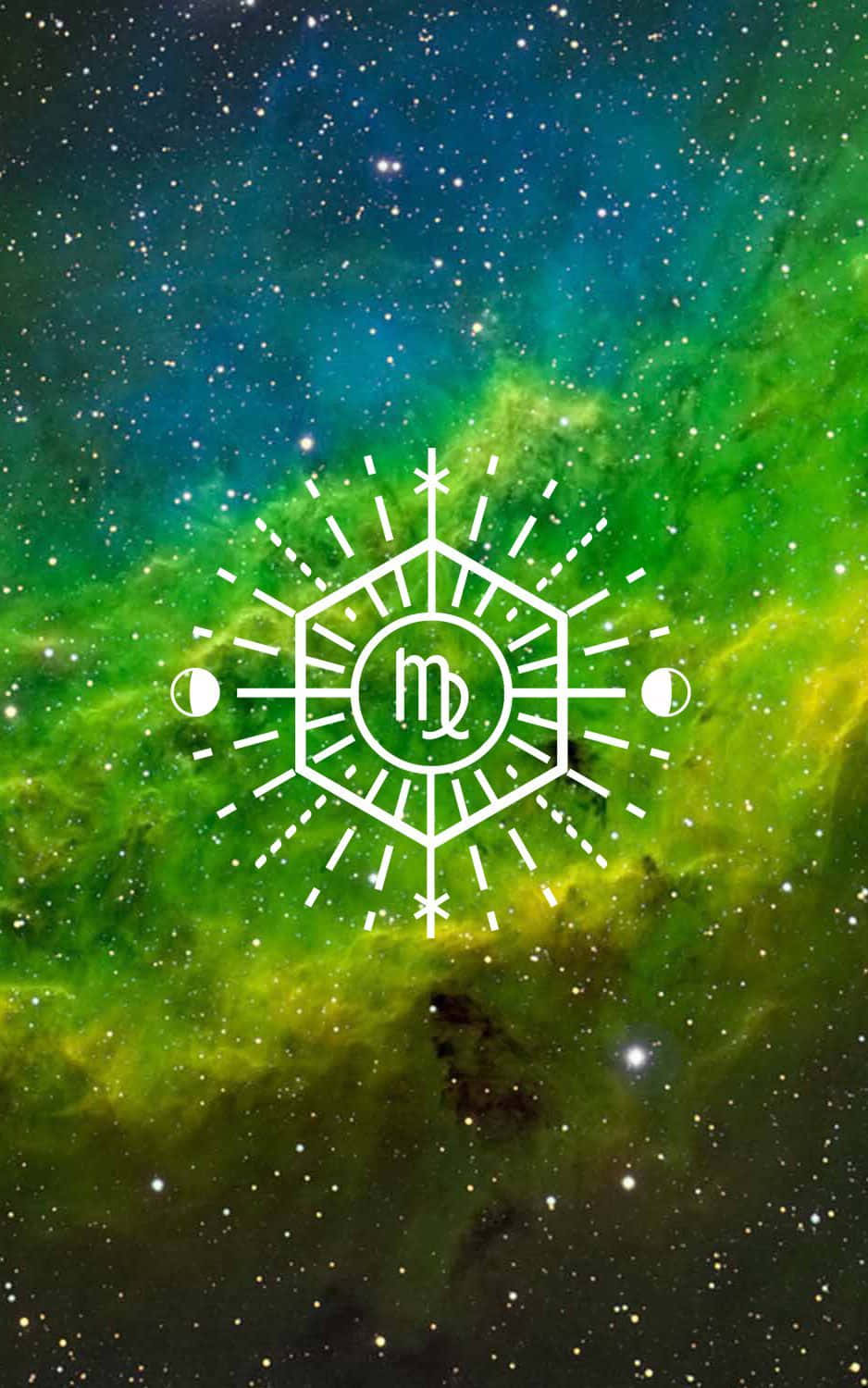 Virgo 桌布 壁紙 — 一個白色幾何太陽爆發徽章，中央為處女座符號，背景是充滿星星的鮮豔綠色和藍色宇宙星雲。