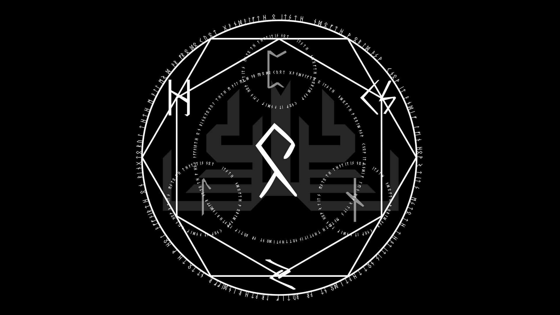 Dark Circles 桌布 壁紙 — 一個白色幾何符印，帶有符文和符號，從中央的字元向純黑背景輻射。