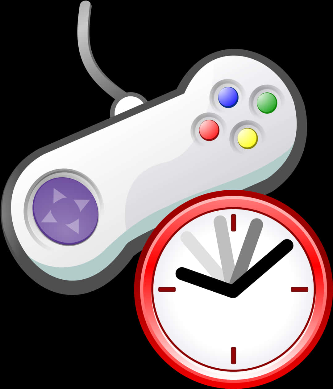 Game Icon 桌布 壁紙 — 一個白色復古遊戲控制器，帶有彩色按鈕和紫色方向鍵，旁邊放著一個紅色邊框、黑色指針的指針時鐘。