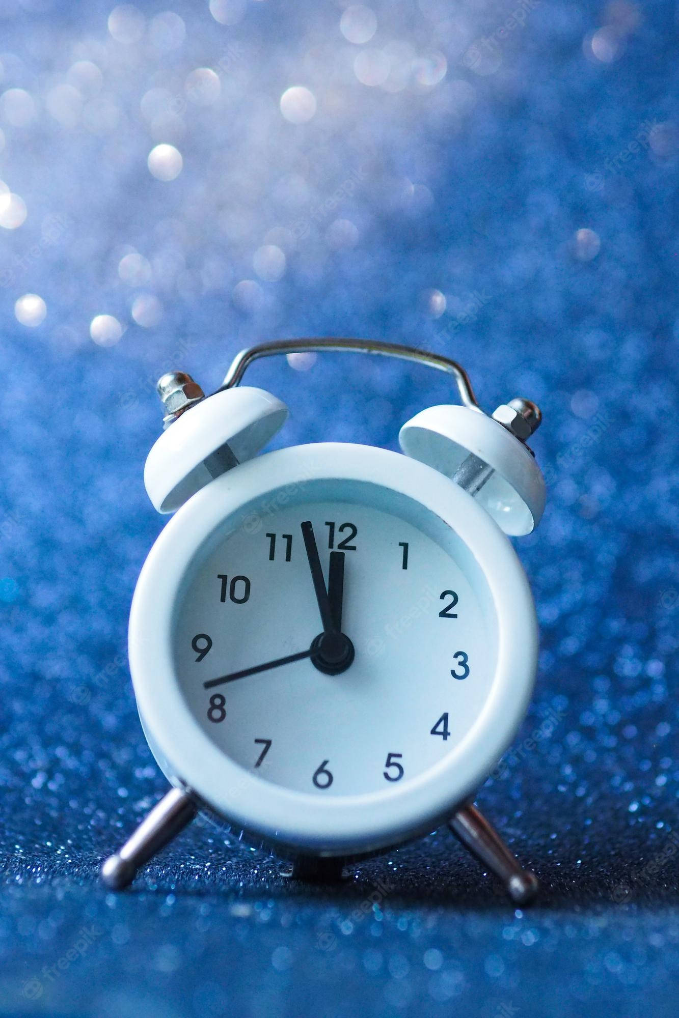 Alarm 桌布 壁紙 — 一個白色復古鬧鐘，指針指向11:59，立於閃爍的藍色亮粉表面，帶有散景燈光。