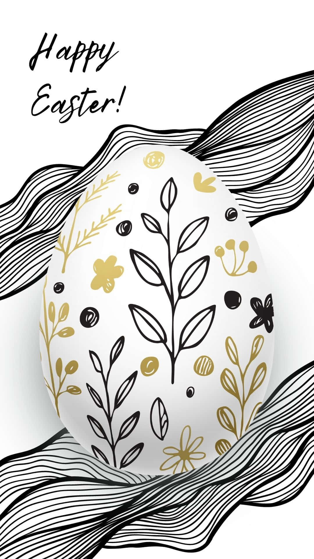 Easter Egg 桌布 壁紙 — 一個白色復活節蛋，飾有黑色和金色的植物圖案，放置在流動的黑色線條上，並帶有「Happy Easter!」文字。