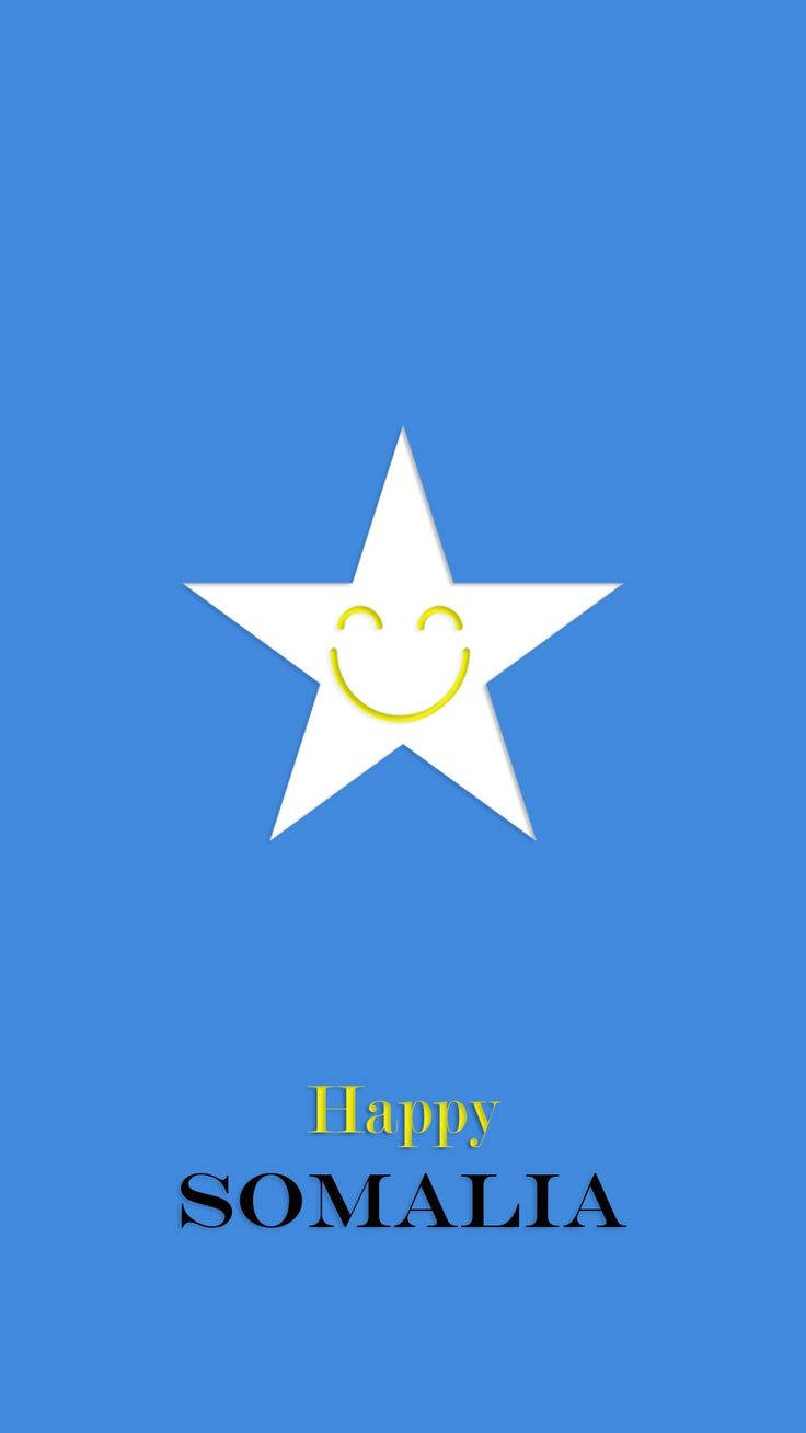 Somalia 桌布 壁紙 — 一個白色微笑星星，帶黃色輪廓，居中在純藍色背景上，下方有「Happy SOMALIA」文字。