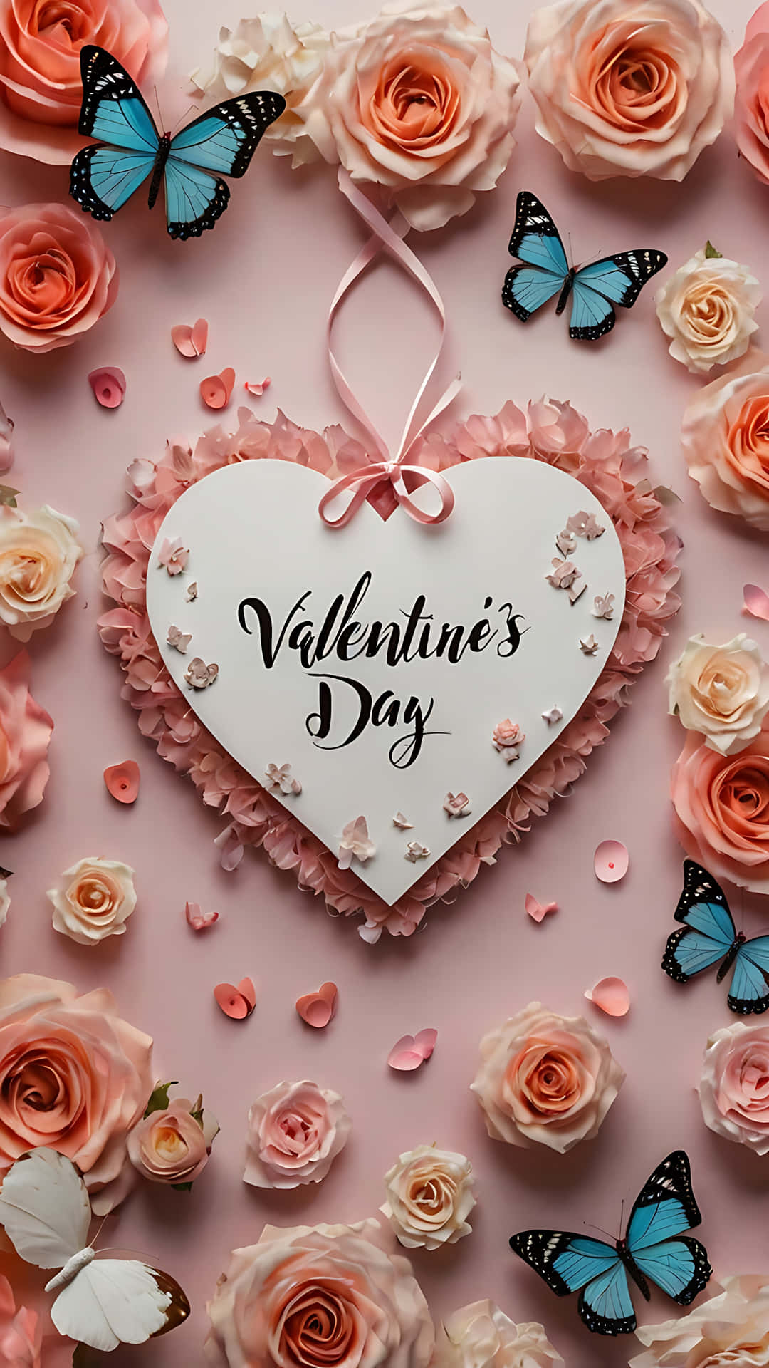 Valentine's Day Love Sign with Butterflies wallpaper 壁紙 — 一個白色心形，上面有情人節字樣，懸掛在蜜桃玫瑰和藍色蝴蝶之間，背景是柔和的粉紅色。