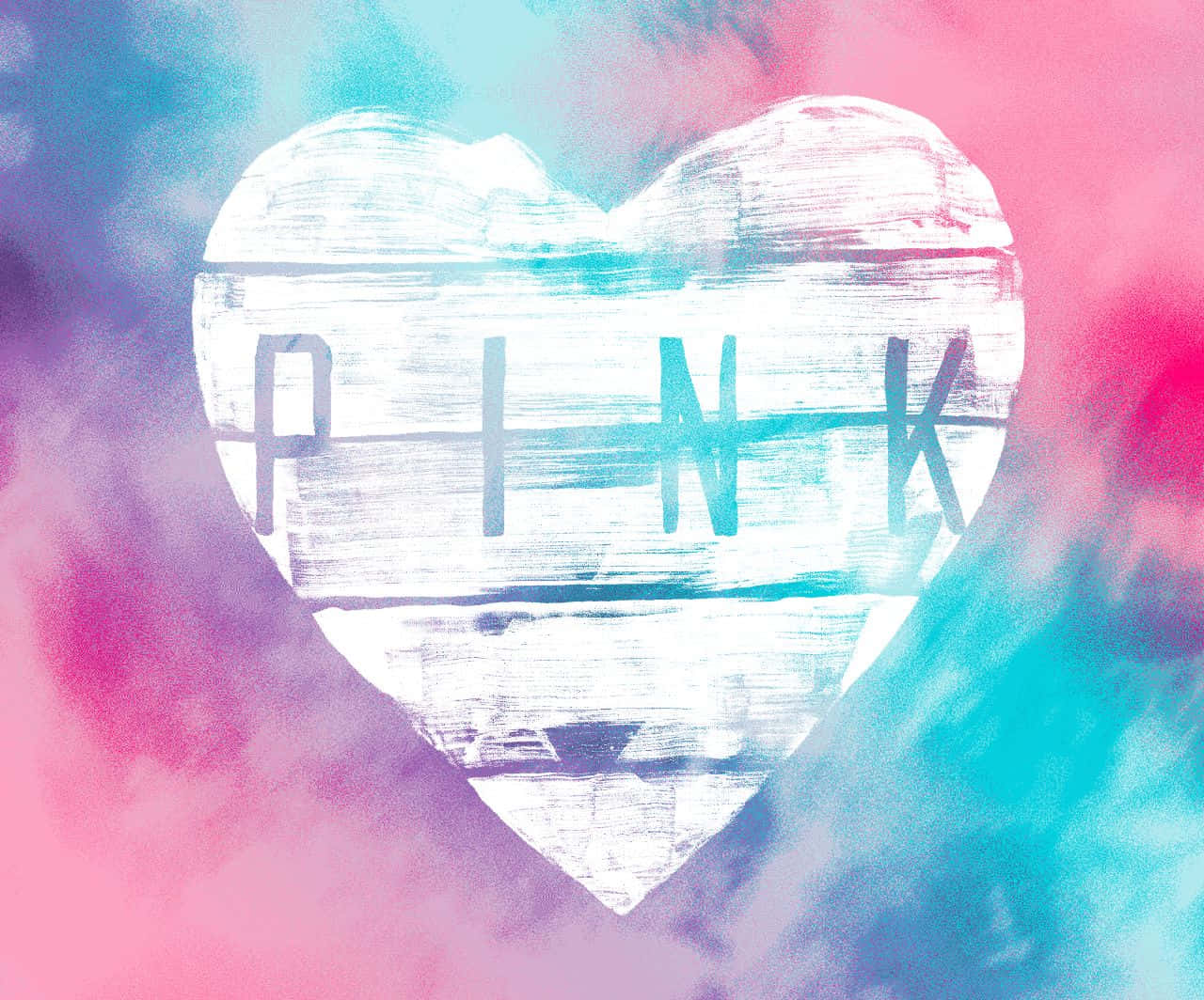 標誌 桌布 壁紙 — 一個白色心形，裡面有PINK字樣，漂浮在充滿活力的粉紅色和青色水彩背景上。