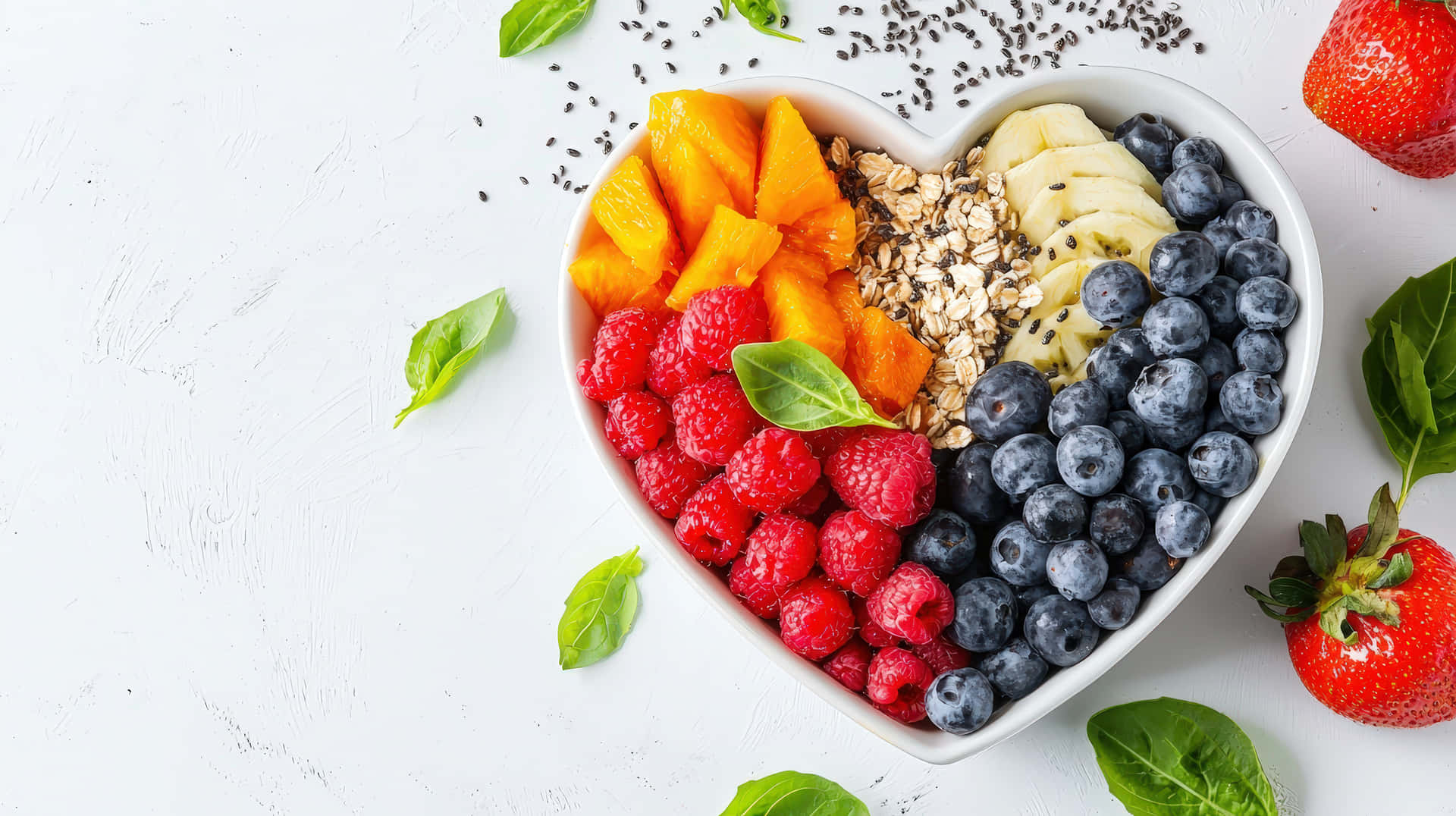 Heart-Shaped Bowl with Fresh Berries, Tropical Fruits, and Oats on White Background 壁紙 — 一個白色心形碗，裝滿鮮豔的覆盆子、芒果片、香蕉、藍莓和燕麥，周圍環繞著新鮮羅勒和草莓，置於有紋理的白色表面上。