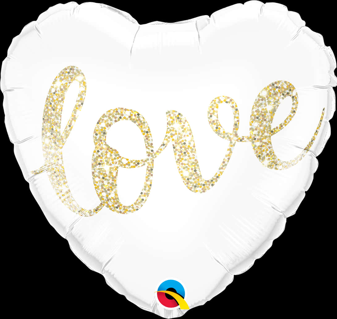 Heart Shape 桌布 壁紙 — 一個白色心形箔氣球，上面有閃爍金色閃粉字體的「love」字樣。