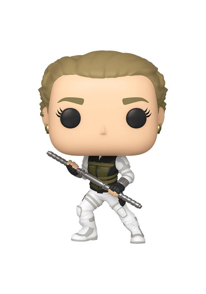Yelena 桌布 壁紙 — 一個白色戰術裝備、手持銀色武器的女兵 Funko Pop 乙烯基公仔，背景為純白色。