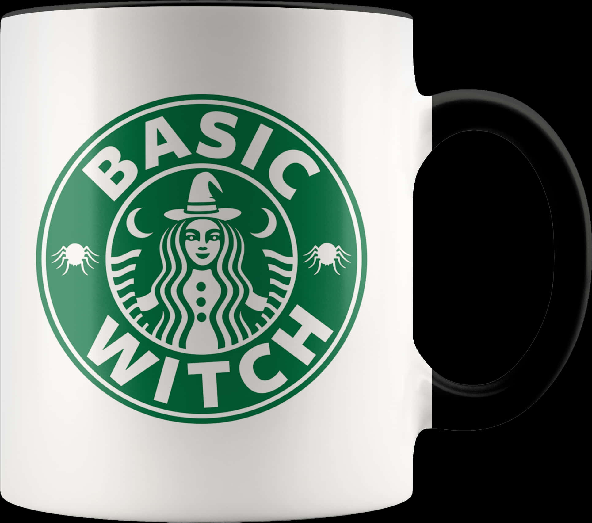 Cup Of Coffee 桌布 壁紙 — 一個白色手柄的黑色馬克杯上，顯示一個綠色圓形標誌，模仿星巴克，圖案包括女巫、新月和蜘蛛。