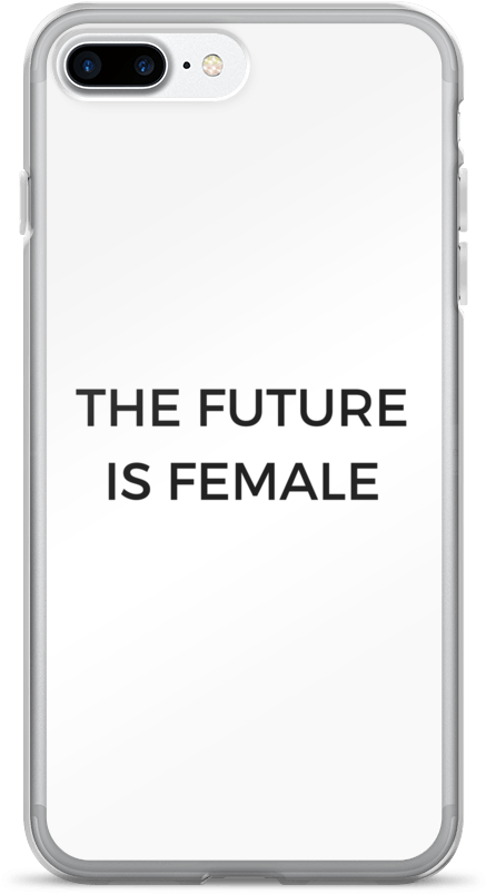 白色 iPhone 桌布 壁紙 — 一個白色手機殼，背面中央印有粗體黑色文字「THE FUTURE IS FEMALE」。