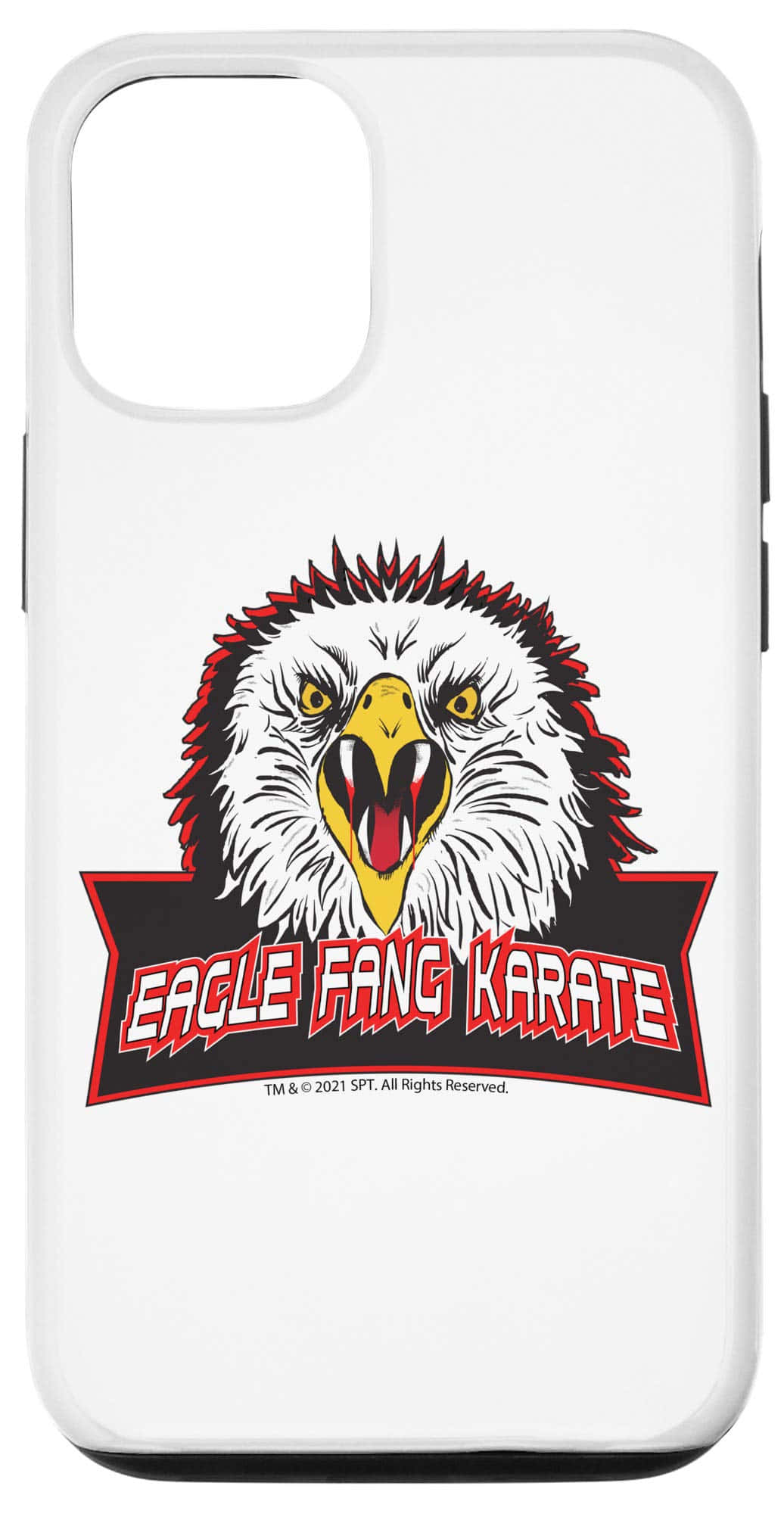 眼鏡蛇道館 桌布 壁紙 — 一個白色手機殼上，在粗體紅色文字 Eagle Fang Karate 上方，有一隻帶有紅色尖刺羽毛和鋒利牙齒的兇猛卡通鷹。