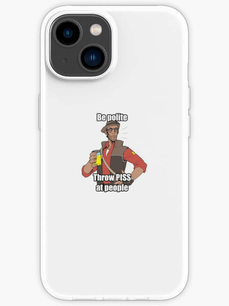 Pixel 3xl Team Fortress 2 桌布 壁紙 — 一個白色手機殼上有一個卡通角色拿著一個瓶子，上面寫著「要有禮貌，把尿潑向人們」。