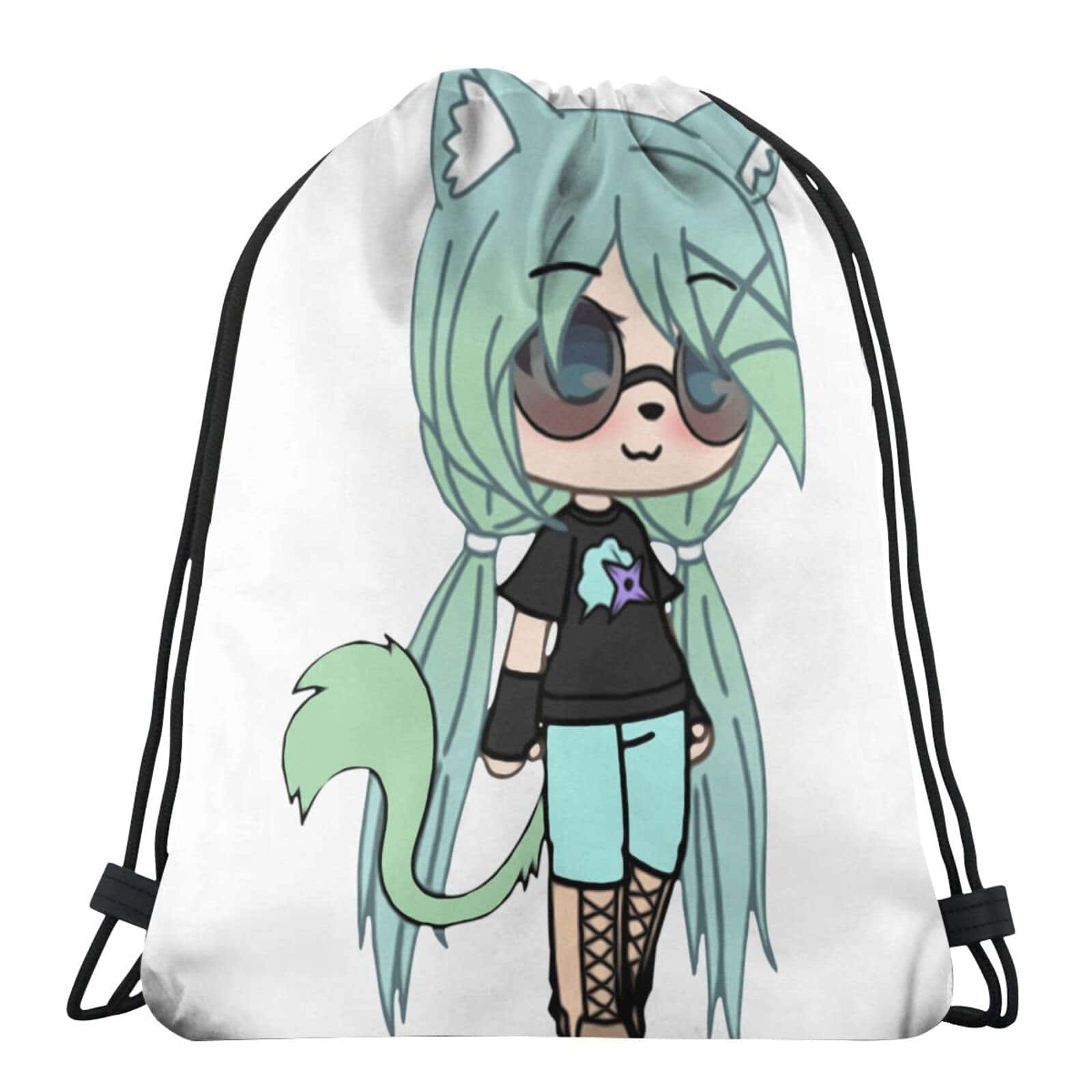 Gacha Life 桌布 壁紙 — 一個白色抽繩袋上有一個Q版動漫女孩，擁有青綠色頭髮、貓耳和貓尾，戴著太陽眼鏡和黑色襯衫。
