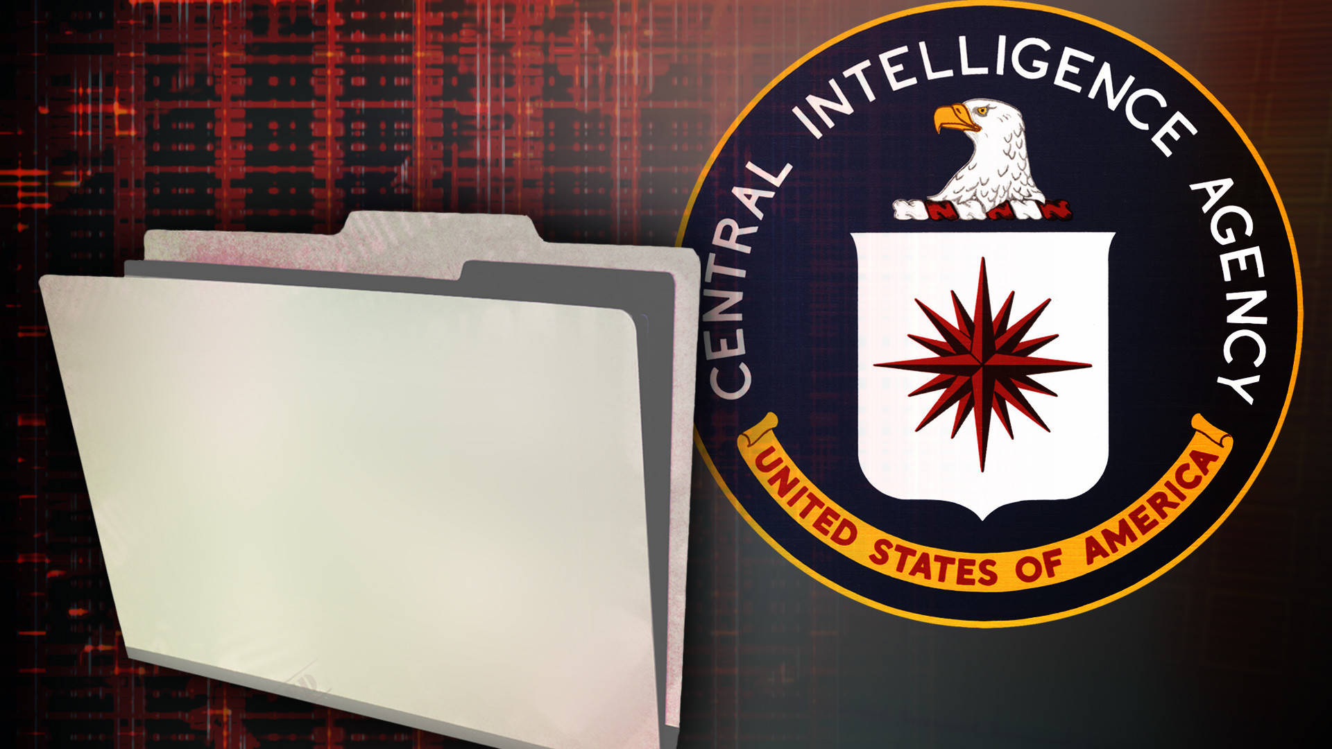 Cia 桌布 壁紙 — 一個白色文件夾放在官方CIA標誌旁邊，背景為紅色數位網格。