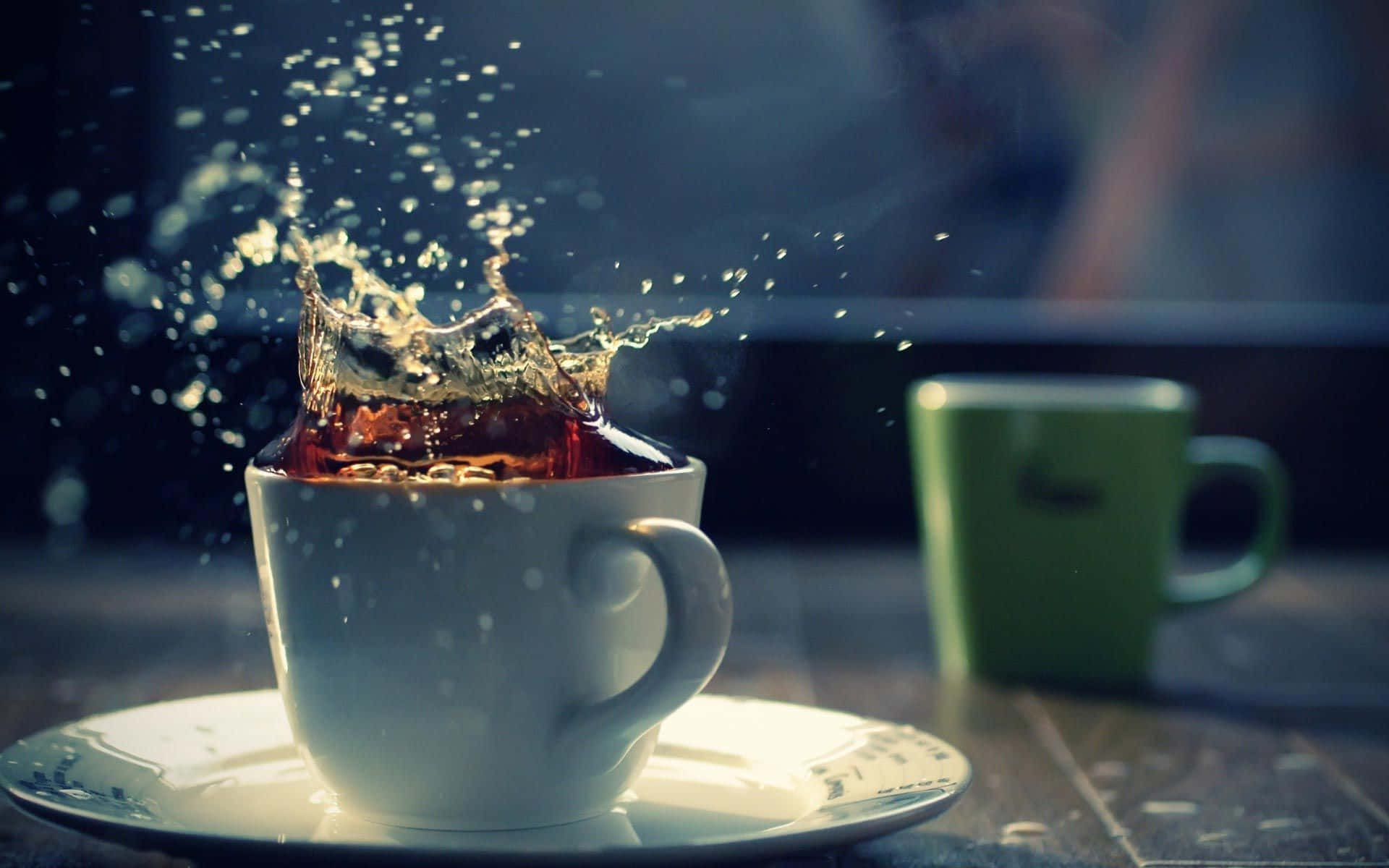 tea 桌布 壁紙 — 一個白色杯子中的深色液體在模糊背景上爆發金色飛濺，旁邊有一個綠色杯子。