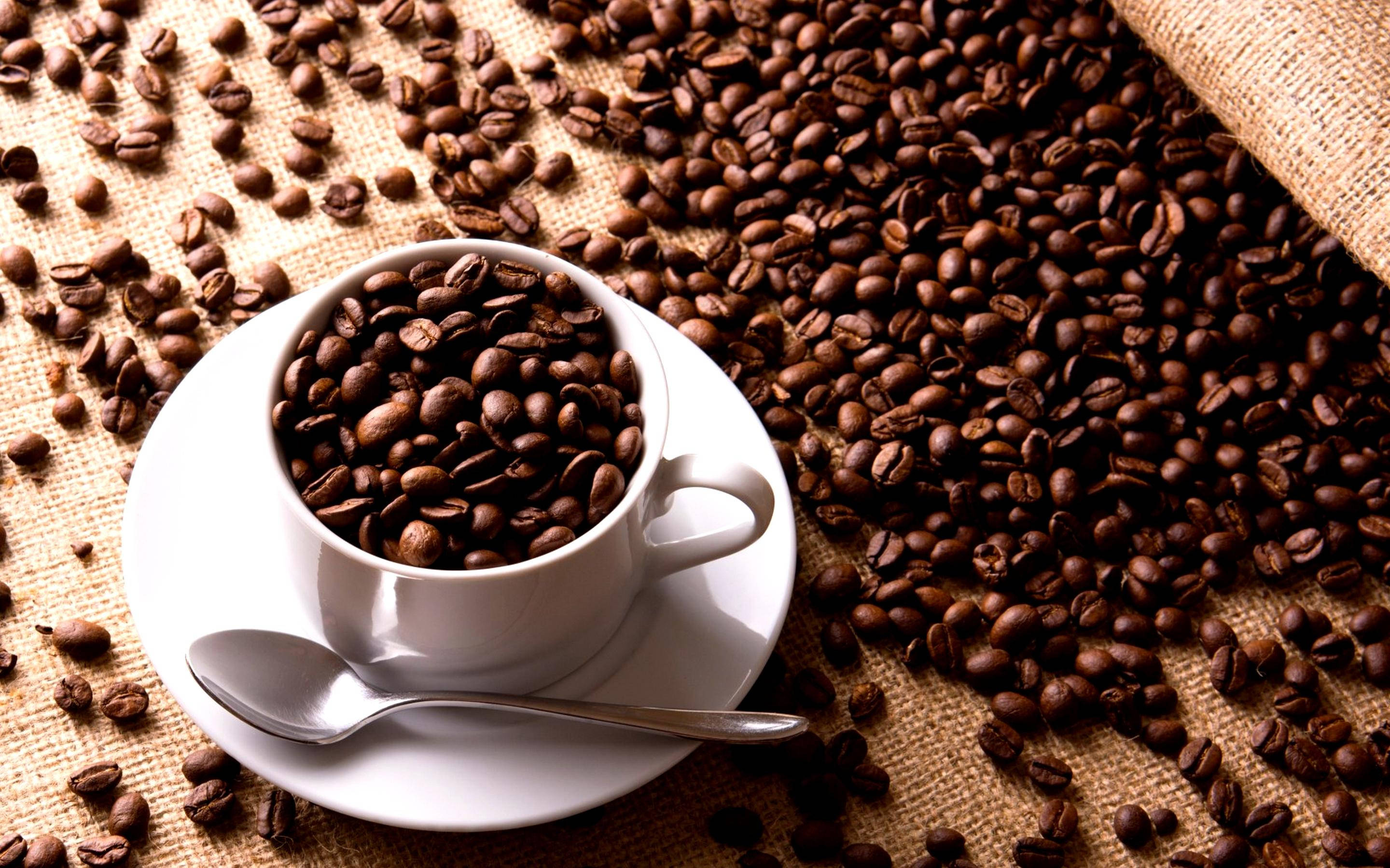 beans 桌布 壁紙 — 一個白色杯子溢出烘焙咖啡豆，放在碟子上，旁邊有湯匙，全部散落在有紋理的粗麻布表面上。