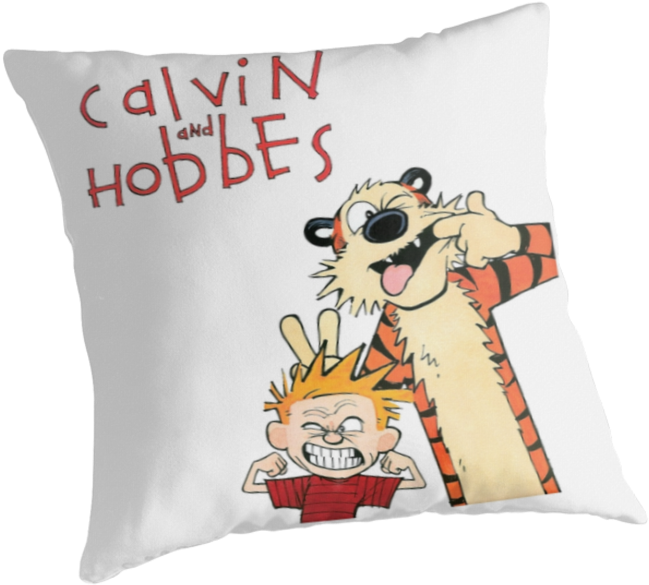 凱文的幻虎世界 桌布 壁紙 — 一個白色枕頭，上面有卡通角色 Calvin 和 Hobbes 的經典調皮姿勢，上方有紅色文字。