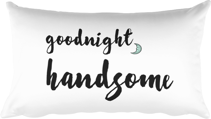 晚安 桌布 壁紙 — 一個白色枕頭，上面有黑色草書文字寫著 goodnight handsome，還有一個微笑的小新月。
