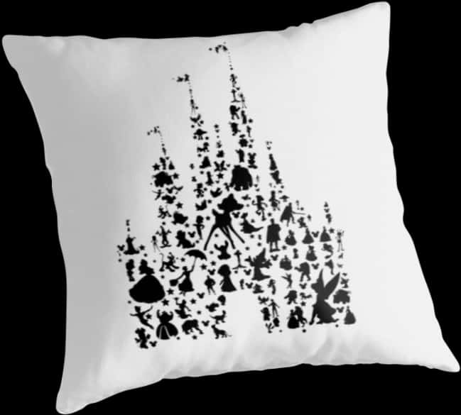 Disney Castle Silhouette 桌布 壁紙 — 一個白色枕頭在深色背景上展示了一個由迪士尼角色和符號組成的城堡的黑色剪影。