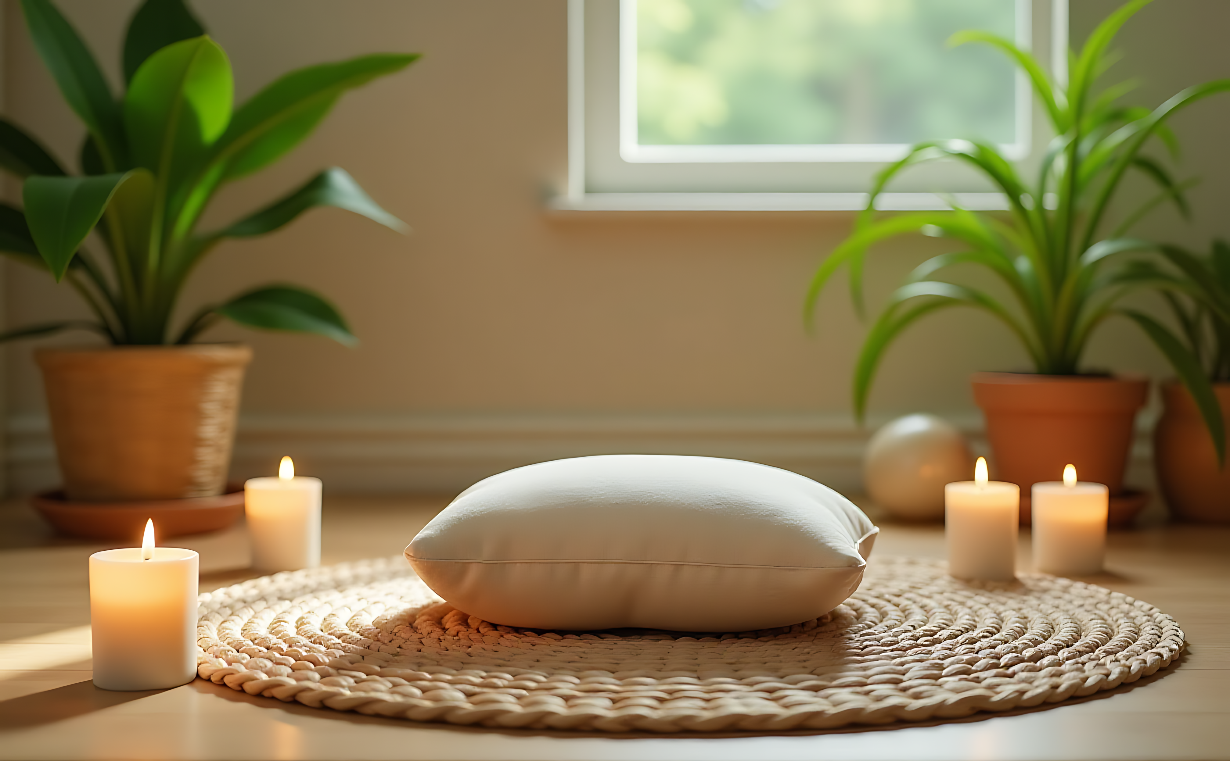 Spa 桌布 壁紙 — 一個白色枕頭放在編織墊上，周圍有燃燒的蠟燭和盆栽植物，靠近窗戶。