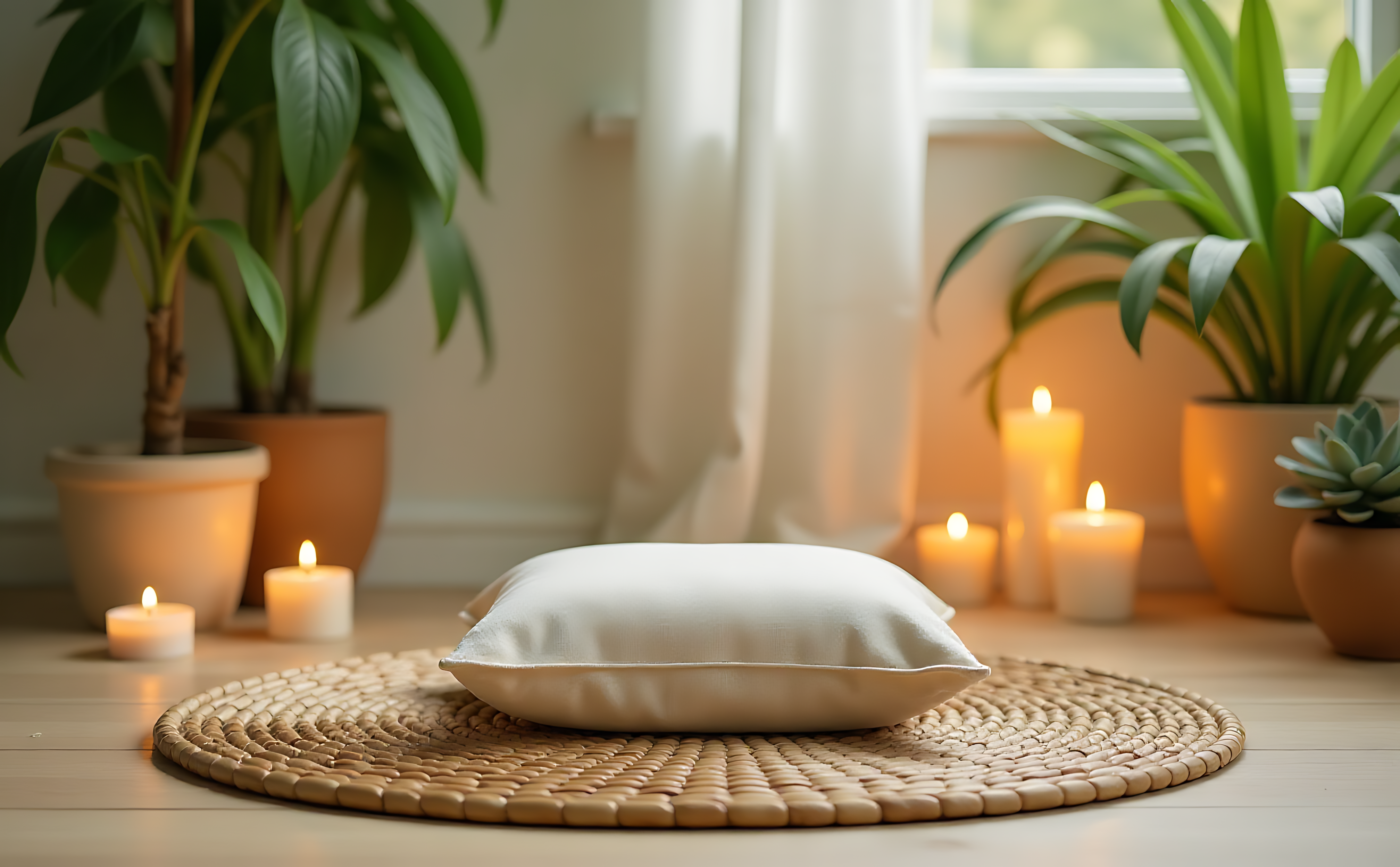 Cozy 桌布 壁紙 — 一個白色枕頭放在編織墊上，周圍有燃燒的蠟燭和盆栽植物，房間光線柔和。