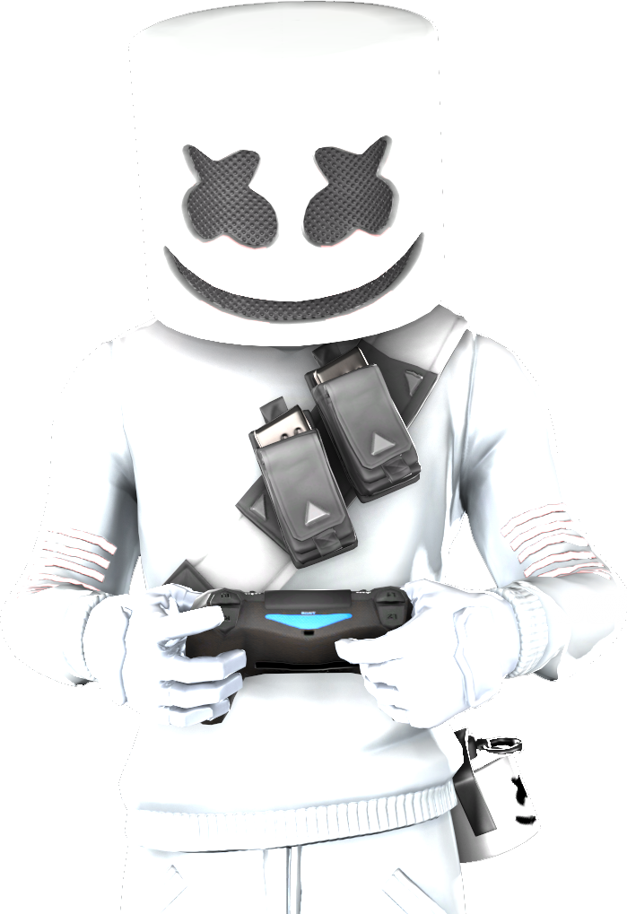 Marshmello 動態圖 桌布 壁紙 — 一個白色棉花糖頭像，身穿白色服裝，手持帶有藍色發光裝飾的黑色遊戲控制器。