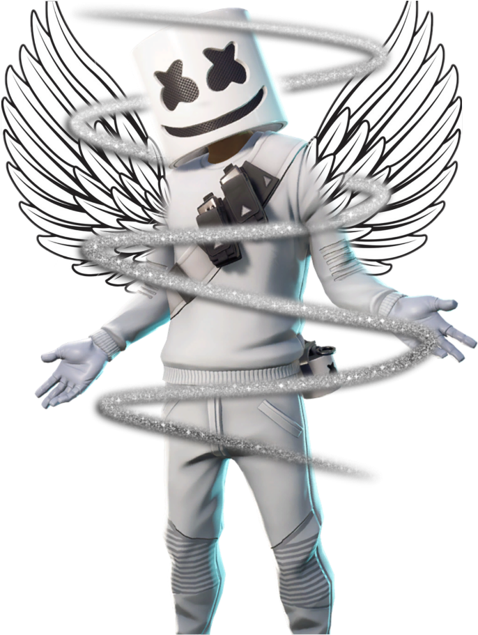 Marshmello 動態圖 桌布 壁紙 — 一個白色棉花糖頭部、帶有天使翅膀和閃爍螺旋能量圍繞身體的人物。