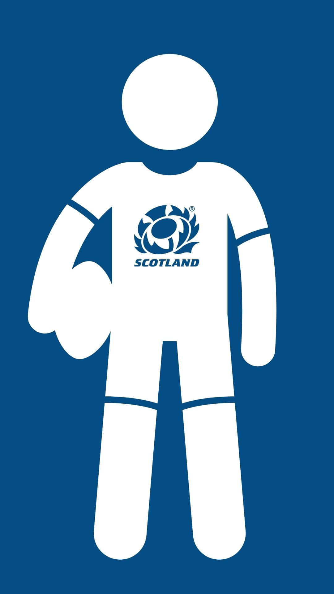 Scotland Rugby 桌布 壁紙 — 一個白色極簡線條人穿著蘇格蘭橄欖球衫，手持橄欖球，背景為純藍色。
