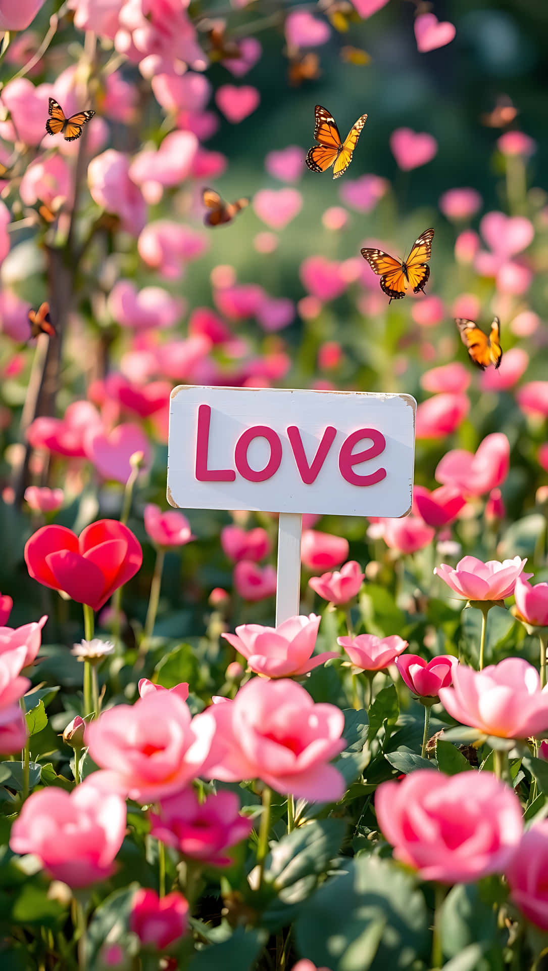 Love Sign in a Garden of Hearts smartphone wallpaper 壁紙 — 一個白色標牌上寫有粉紅色「Love」字樣，矗立在粉紅玫瑰田中，有橙色蝴蝶飛舞和粉紅心形漂浮。