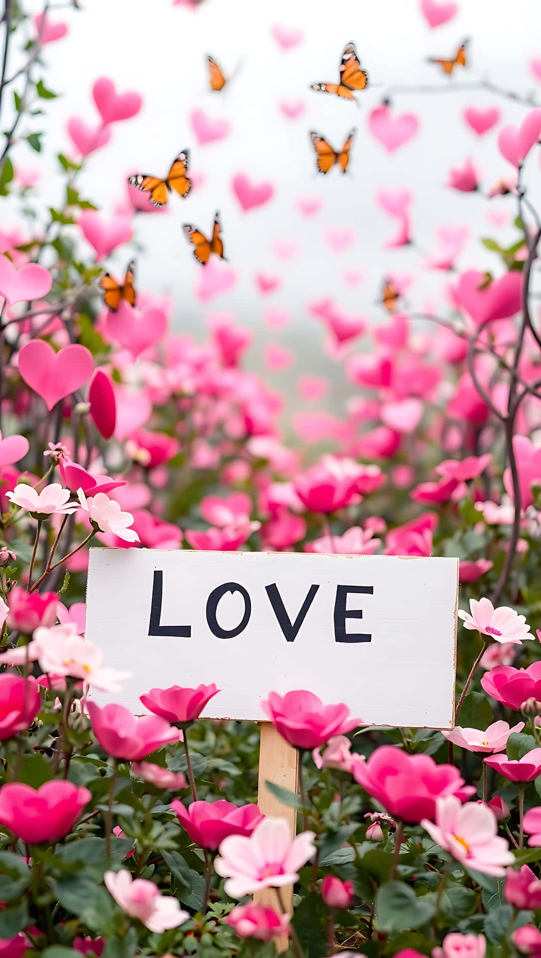 Love Sign in a Garden of Hearts smartphone wallpaper 壁紙 — 一個白色標牌寫著 LOVE，矗立在粉紅色花田中，周圍有橙色蝴蝶和粉紅色心形裝飾漂浮。