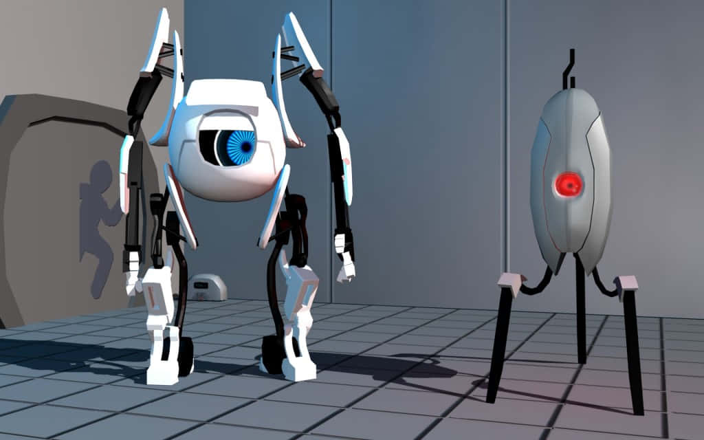 Portal Characters 桌布 壁紙 — 一個白色機器人，有一隻大藍色眼睛，在鋪了瓷磚的房間裡，面對著一個灰色機器人，牠有一隻紅色眼睛。