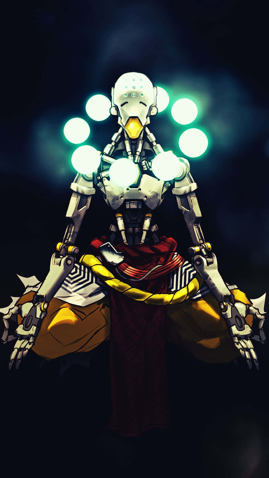 Zenyatta 桌布 壁紙 — 一個白色機械僧侶在黑暗煙霧背景中冥想，發光球體漂浮在其頭部周圍。