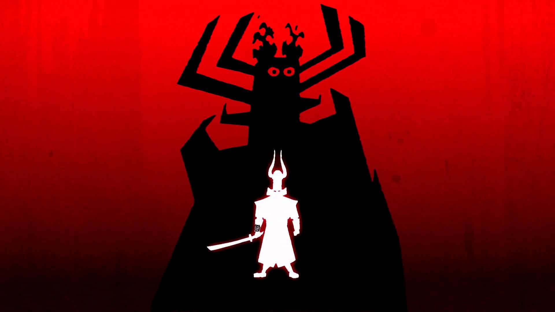 samurai jack 桌布 壁紙 — 一個白色武士剪影手持劍，挑釁地站在一個高聳的黑色蜘蛛狀怪物面前，背景是深紅色。
