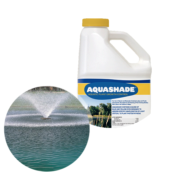 水下動畫 桌布 壁紙 — 一個白色水壺的Aquashade水生植物生長控制產品，圓形插圖顯示噴泉在池塘中噴水。