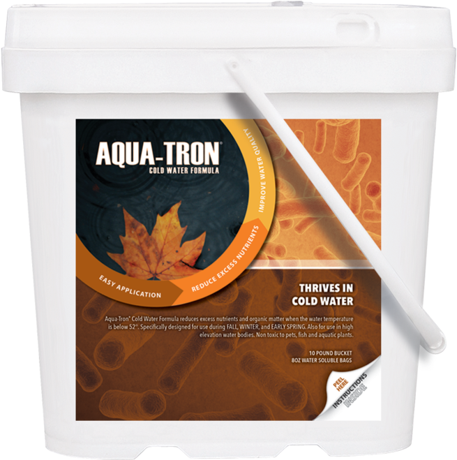 水下動畫 桌布 壁紙 — 一個白色水桶，裝有Aqua-Tron冷水配方，標籤上有秋葉圖案和細菌圖像。