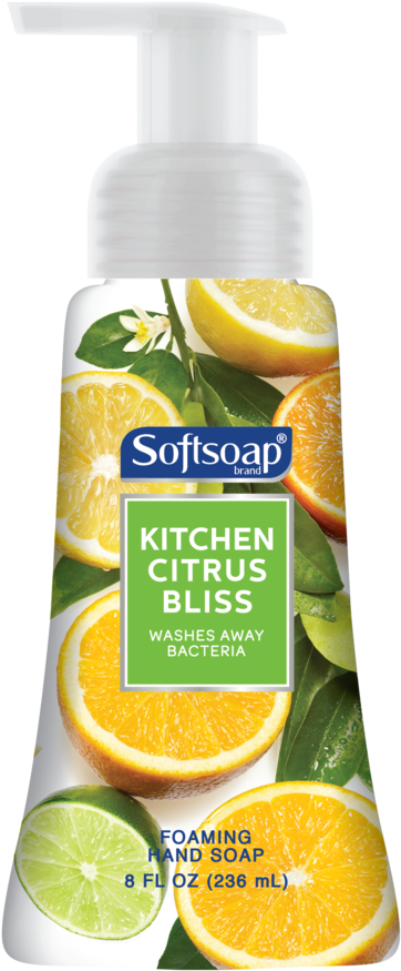 citrus 桌布 壁紙 — 一個白色泡沫洗手液瓶，標籤為 Kitchen Citrus Bliss，在乾淨的白色背景上展示鮮豔的檸檬、橙子和萊姆切片，配以綠葉。
