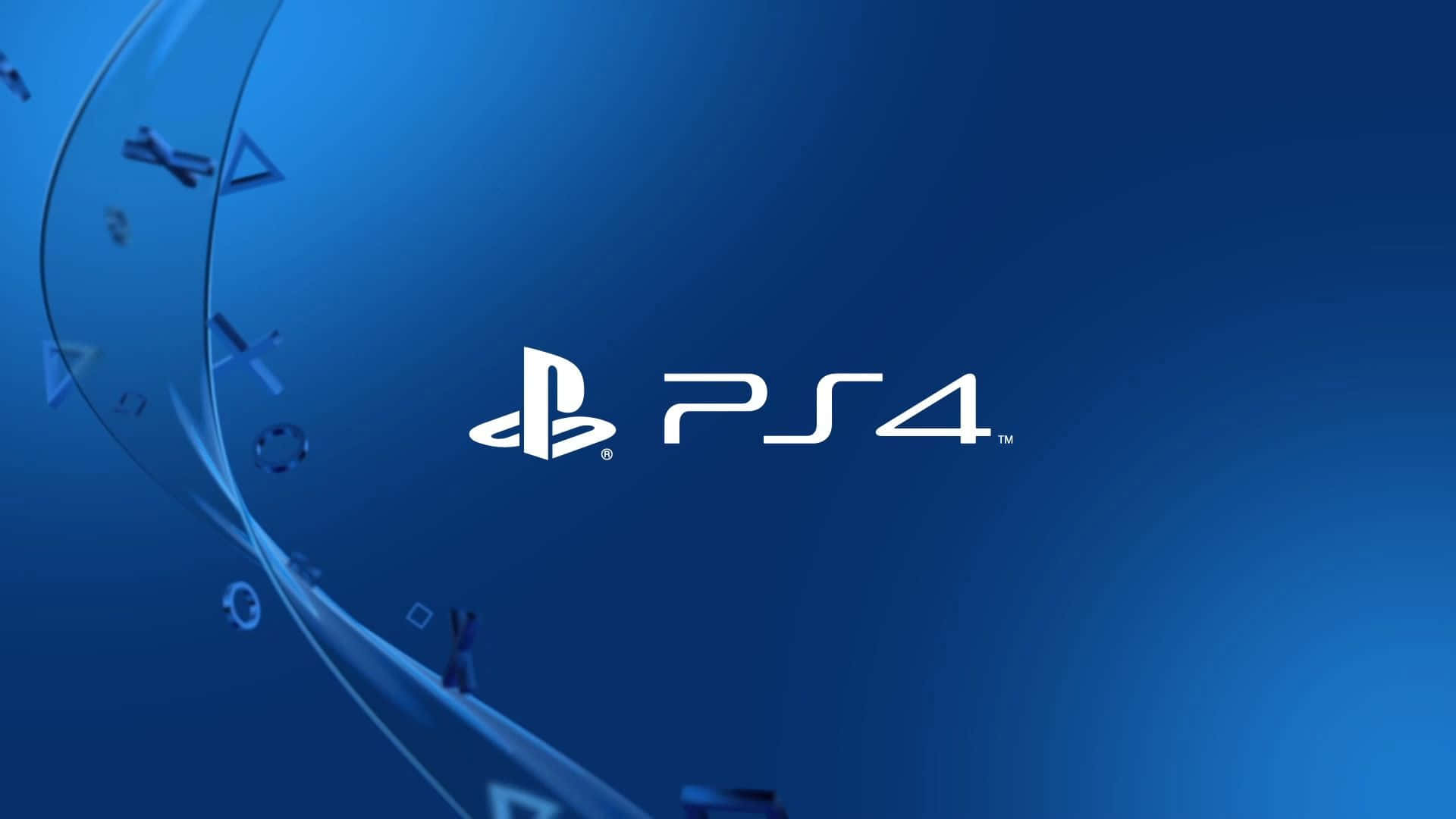 icon 桌布 壁紙 — 一個白色流線型PS4標誌漂浮在漸變藍色背景上，帶有旋轉的半透明控制器符號。