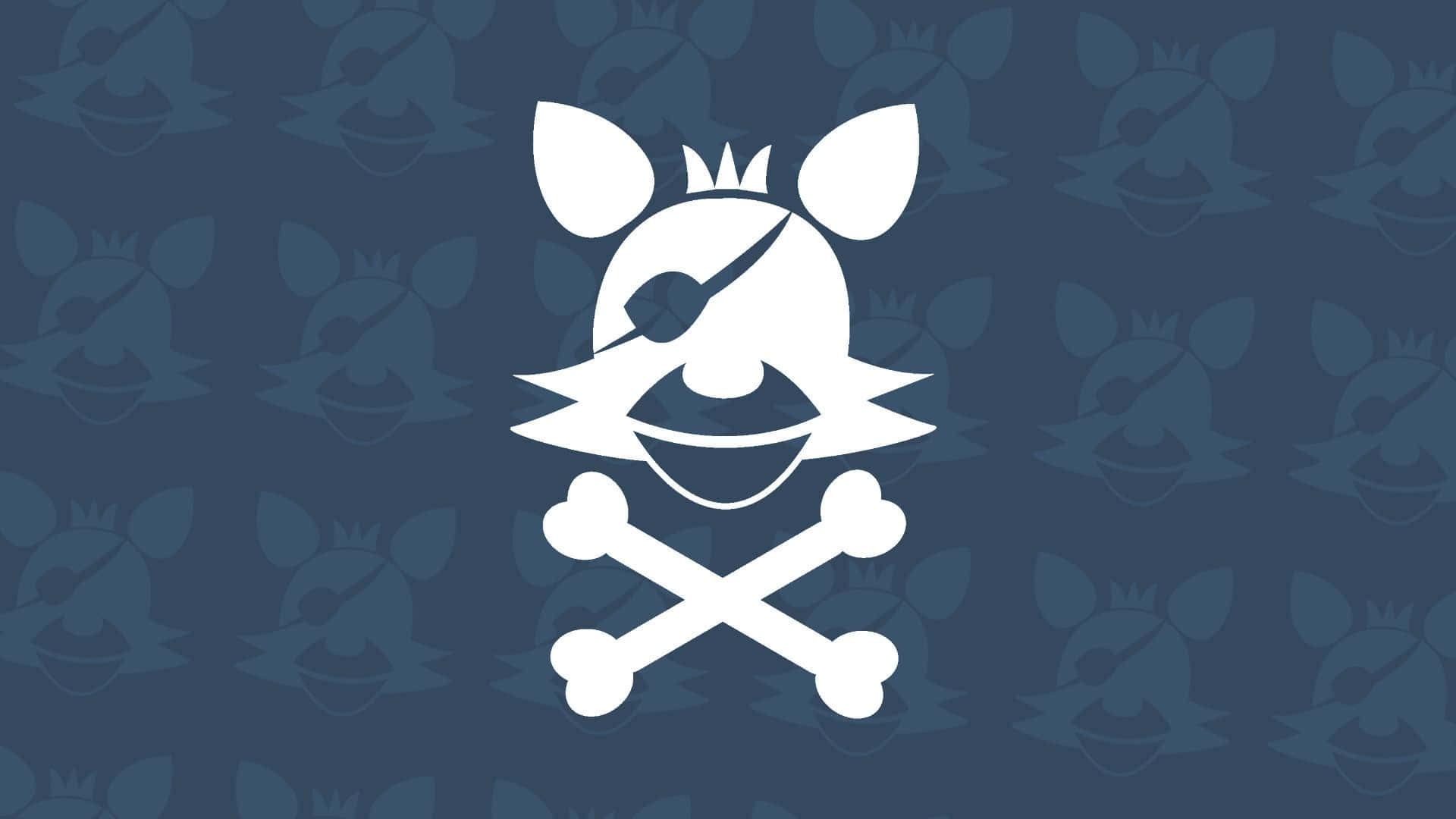 Foxy 桌布 壁紙 — 一個白色海盜骷髏頭，帶有兔耳朵和皇冠，坐在交叉骨頭上，背景是深藍色，帶有重複的模糊骷髏頭。