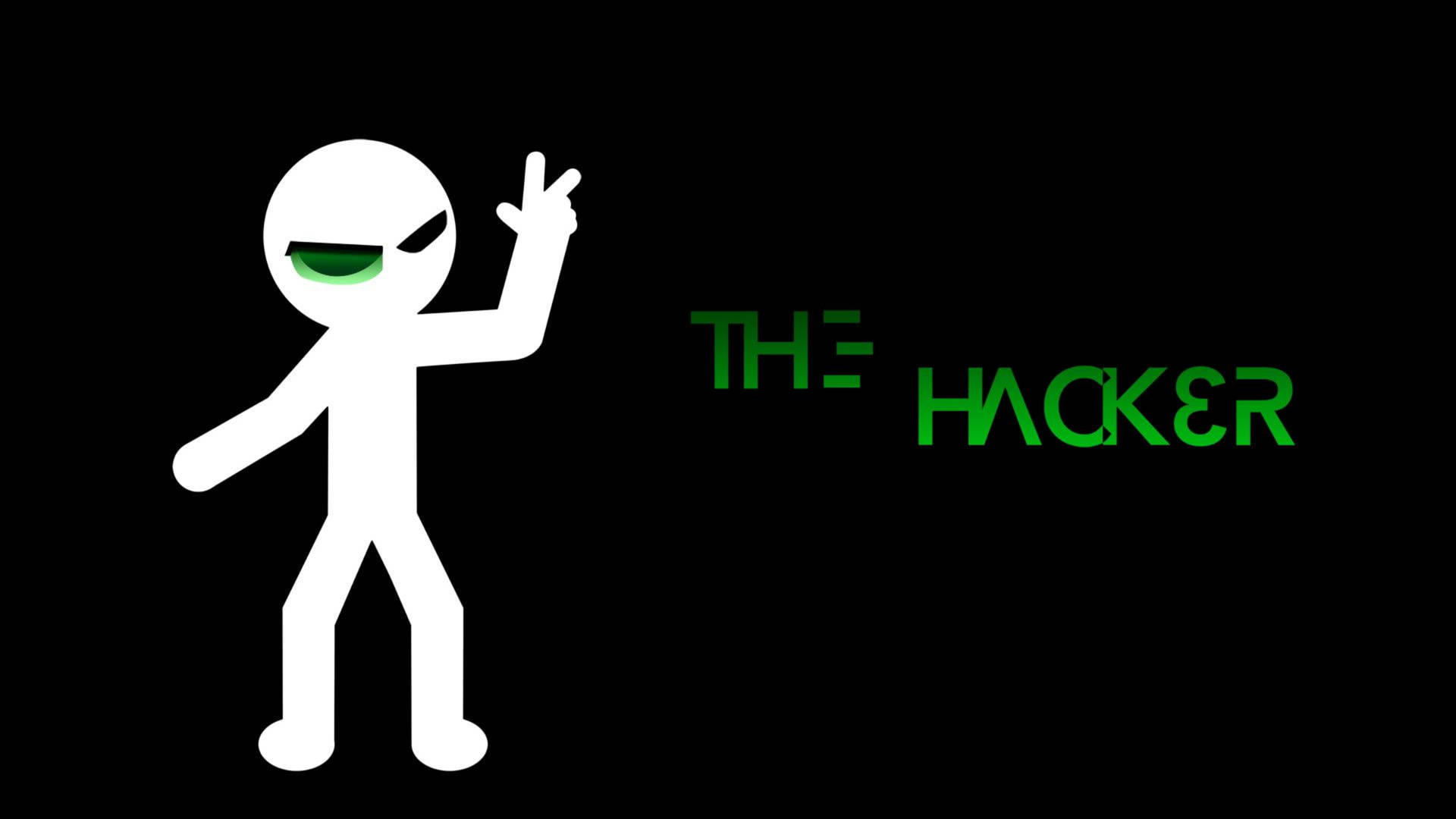 白色火柴人，綠色眼睛，在黑色背景上綠色文字「THE HACKER」旁邊做出和平手勢