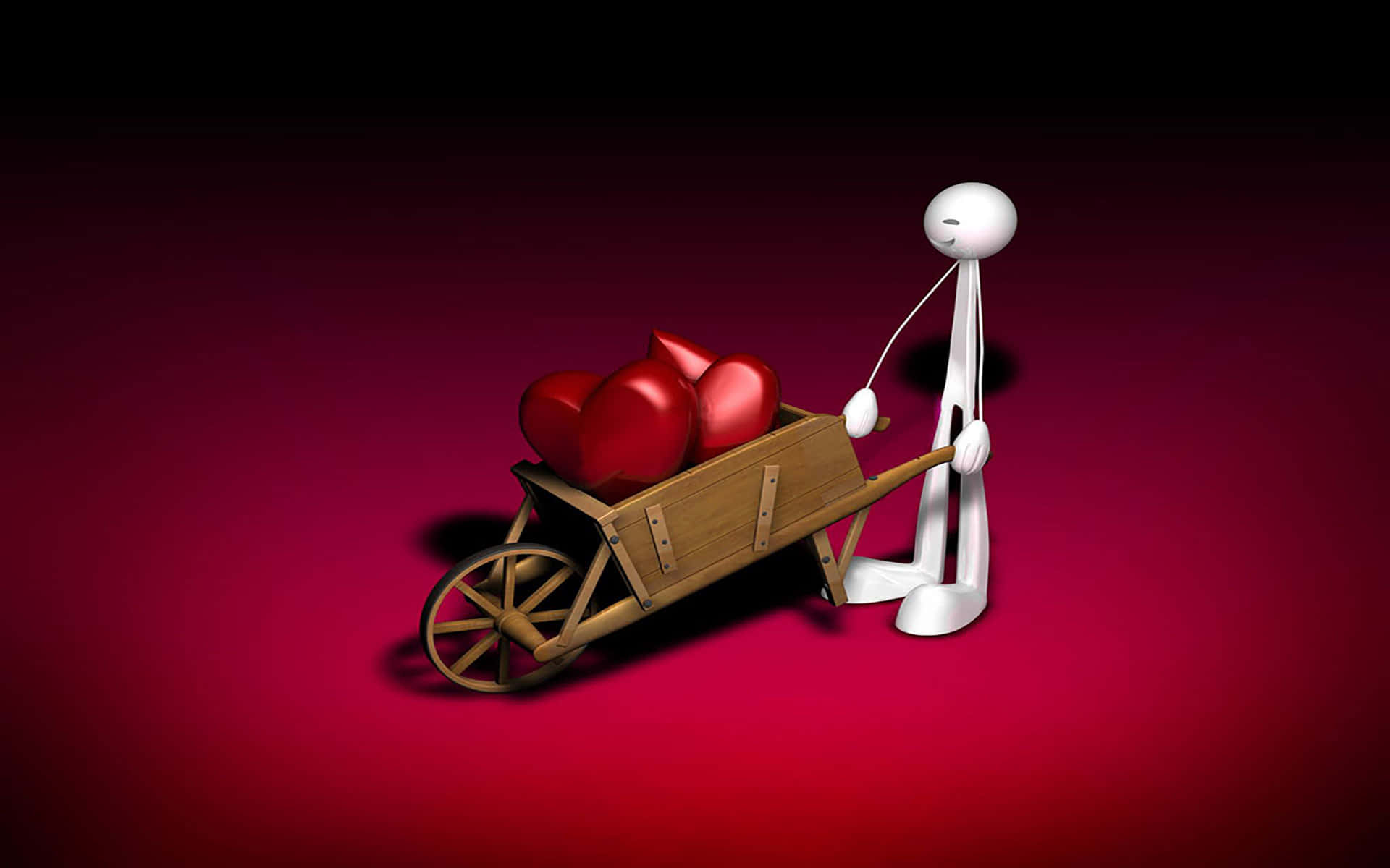 Funny Love 桌布 壁紙 — 一個白色火柴人推著一架木製獨輪車，車上裝滿閃亮的紅色愛心，背景是深栗色漸層。